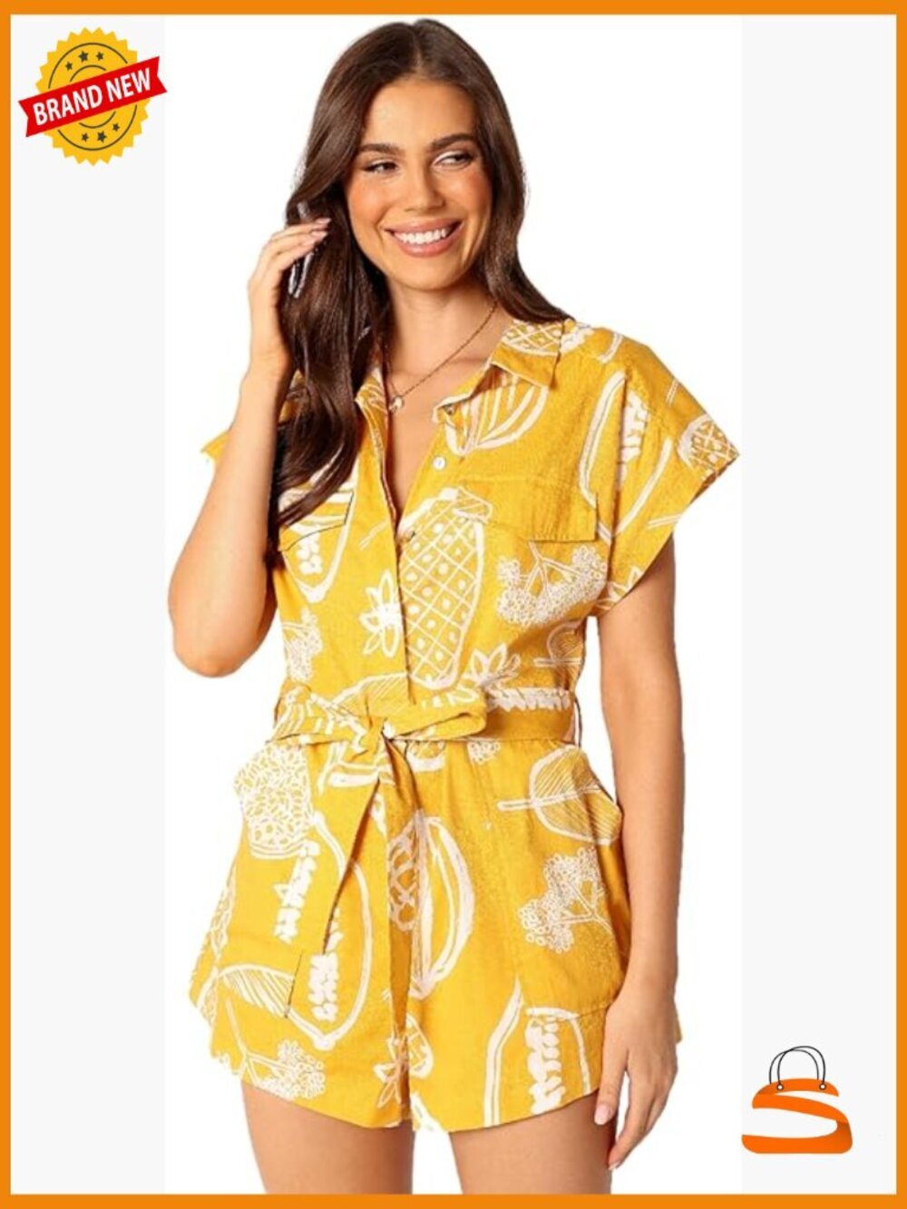 V-Neck Short Sleeve Romper with Tie Waist